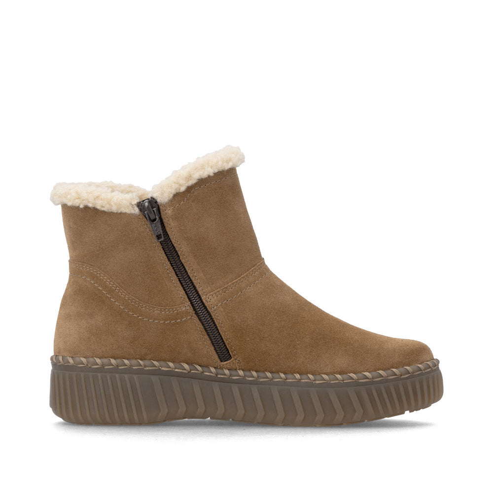 Remonte D4A73-24 women's wide brown leather water resistant fur trim side zip ankle boots, outer side view.