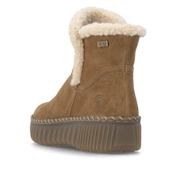Remonte D4A73-24 women's wide brown leather water resistant fur trim side zip ankle boots, rear three-quarter view.