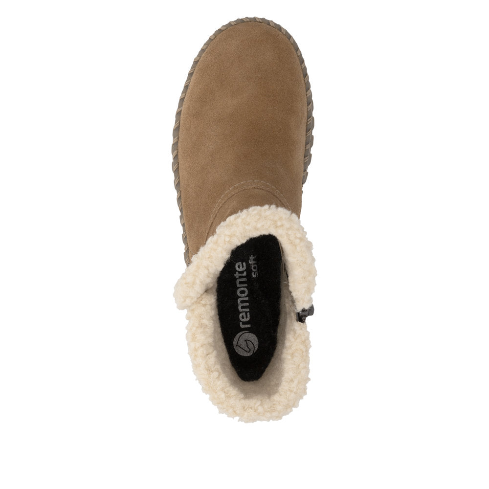 Remonte D4A73-24 women's wide brown leather water resistant fur trim side zip ankle boots, top view.