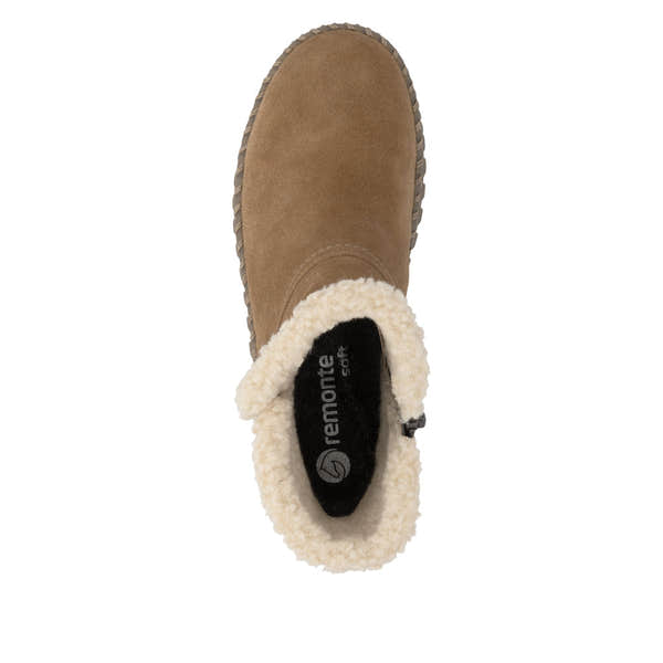 Remonte D4A73-24 women's wide brown leather water resistant fur trim side zip ankle boots, top view.