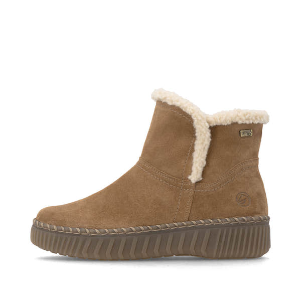 Remonte D4A73-24 women's wide brown leather water resistant fur trim side zip ankle boots, inner side view.
