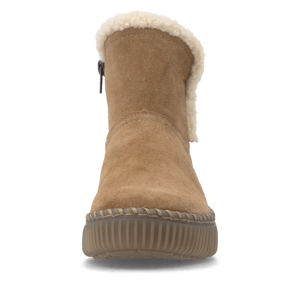 Remonte D4A73-24 women's wide brown leather water resistant fur trim side zip ankle boots, front view.