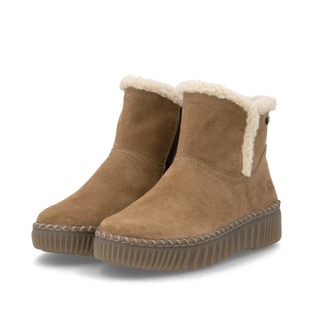 Remonte D4A73-24 women's wide brown leather water resistant fur trim side zip ankle boots, paired three-quarter view.