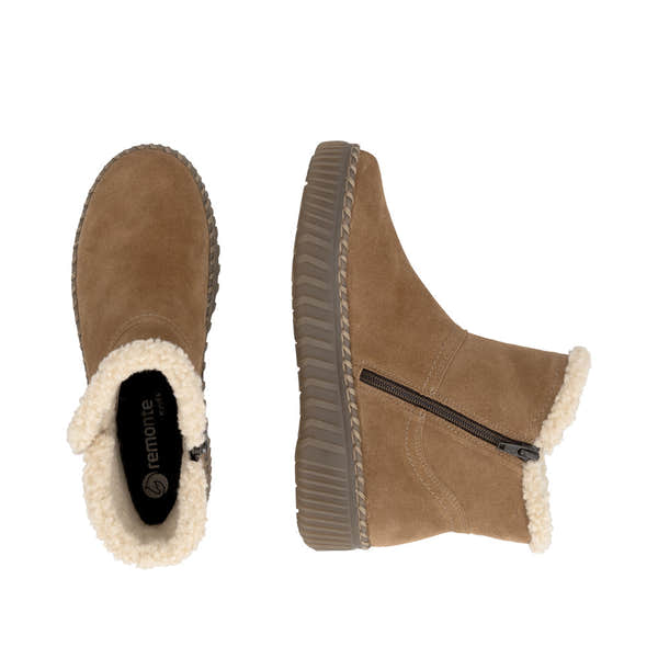 Remonte D4A73-24 women's wide brown leather water resistant fur trim side zip ankle boots, two-angle product view.
