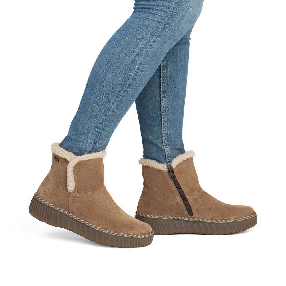 Remonte D4A73-24 women's wide brown leather water resistant fur trim side zip ankle boots, on-foot lifestyle view.