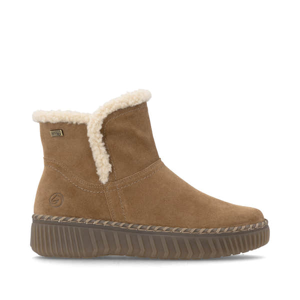 Remonte D4A73-24 women's wide brown leather water resistant fur trim side zip ankle boots, opposite side view.