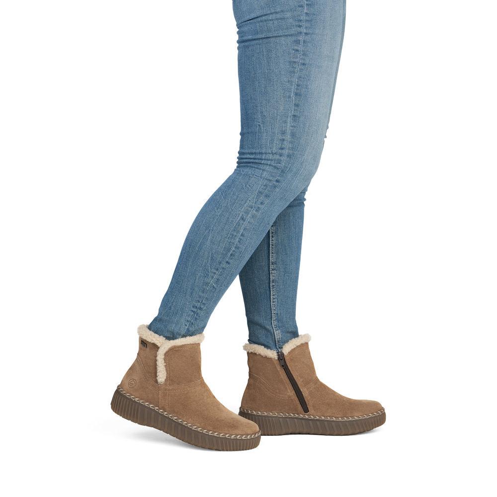 Remonte D4A73-24 women's wide brown leather water resistant fur trim side zip ankle boots, on-foot lifestyle view.