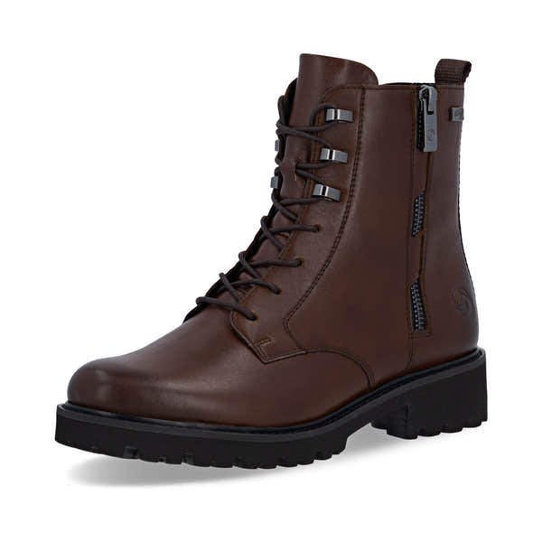 Remonte D8656-25 women's wide brown leather water resistant zip & lace ankle boots, front three-quarter view.