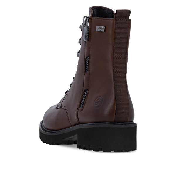 Remonte D8656-25 women's wide brown leather water resistant zip & lace ankle boots, rear three-quarter view.