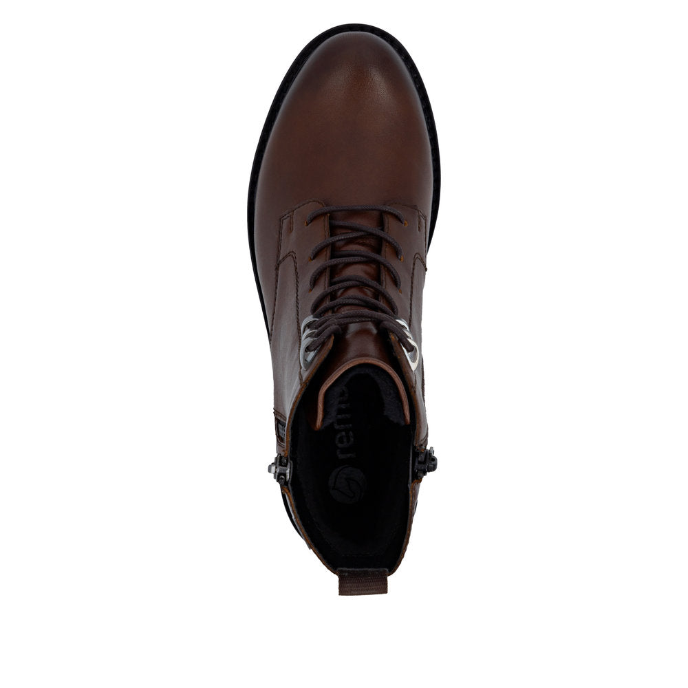 Remonte D8656-25 women's wide brown leather water resistant zip & lace ankle boots, top view.