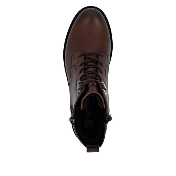 Remonte D8656-25 women's wide brown leather water resistant zip & lace ankle boots, top view.