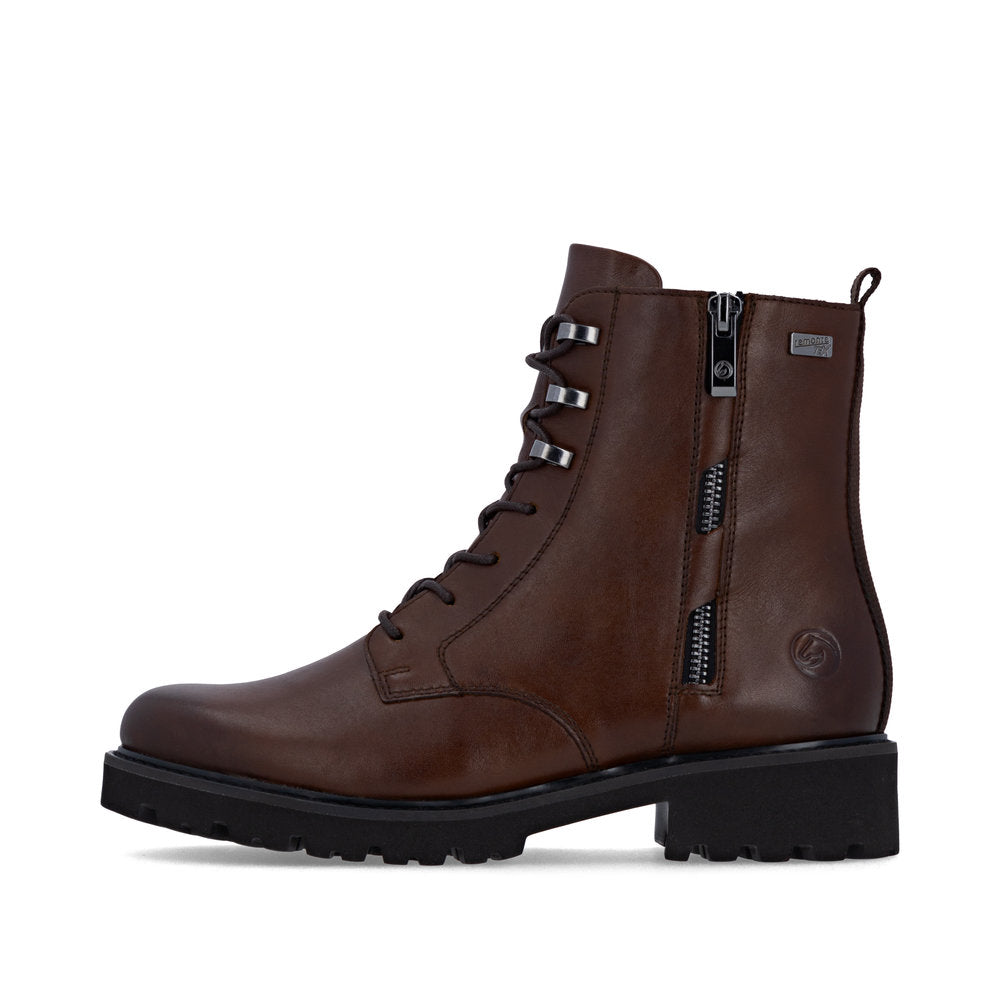 Remonte D8656-25 women's wide brown leather water resistant zip & lace ankle boots, inner side view.