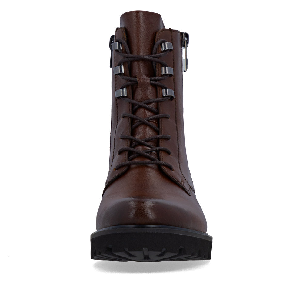 Remonte D8656-25 women's wide brown leather water resistant zip & lace ankle boots, front view.