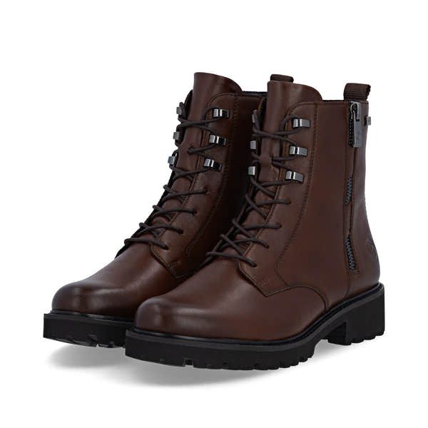 Remonte D8656-25 women's wide brown leather water resistant zip & lace ankle boots, paired three-quarter view.