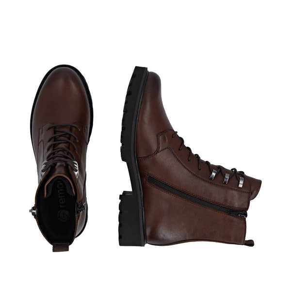 Remonte D8656-25 women's wide brown leather water resistant zip & lace ankle boots, two-angle product view.