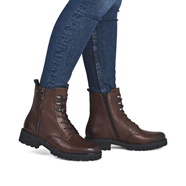Remonte D8656-25 women's wide brown leather water resistant zip & lace ankle boots, on-foot lifestyle view.