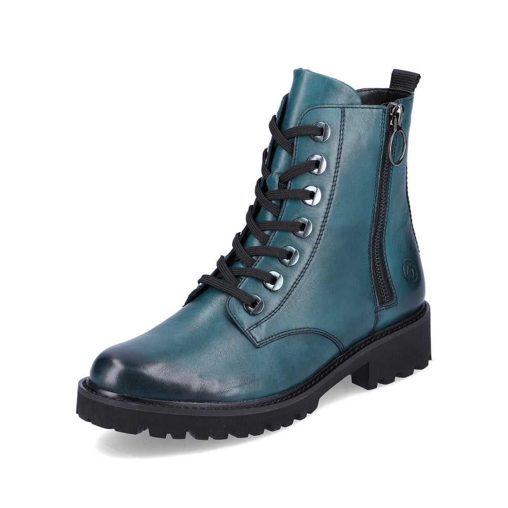 Remonte D8671-12 women's petrol leather zip & lace ankle boots, front three-quarter view.