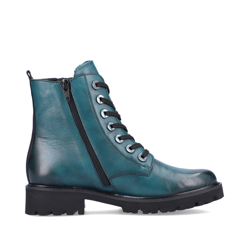 Remonte D8671-12 women's petrol leather zip & lace ankle boots, outer side view.