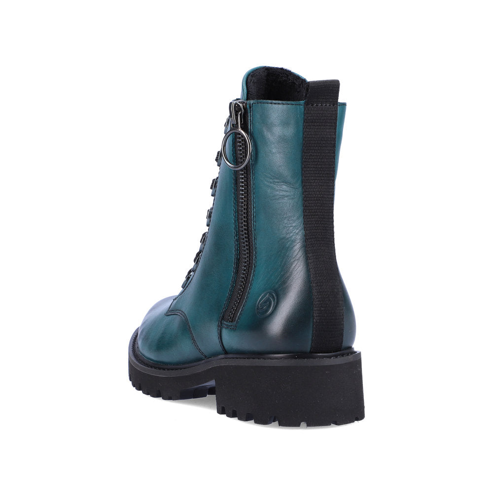 Remonte D8671-12 women's petrol leather zip & lace ankle boots, rear three-quarter view.