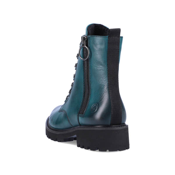 Remonte D8671-12 women's petrol leather zip & lace ankle boots, rear three-quarter view.