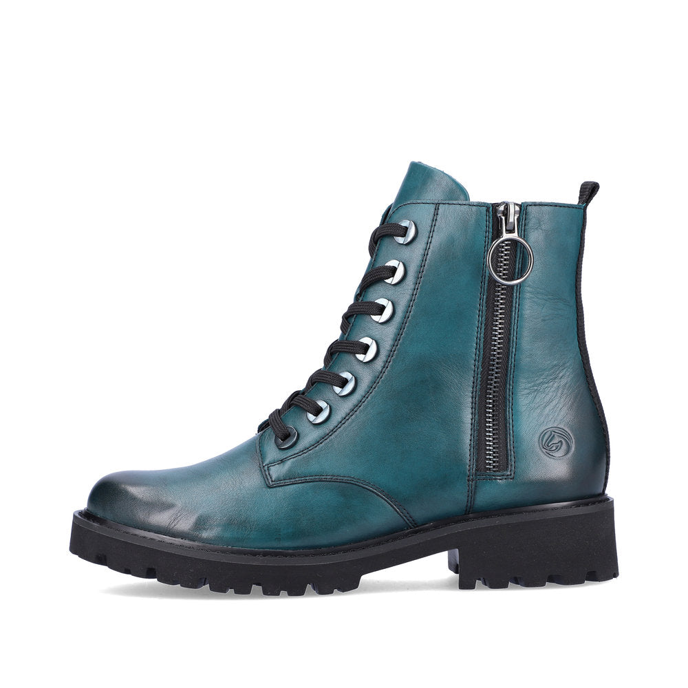 Remonte D8671-12 women's petrol leather zip & lace ankle boots, inner side view.