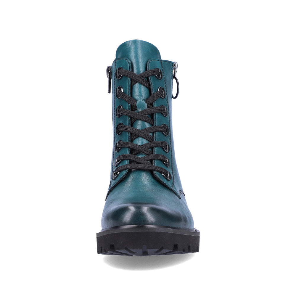 Remonte D8671-12 women's petrol leather zip & lace ankle boots, front view.