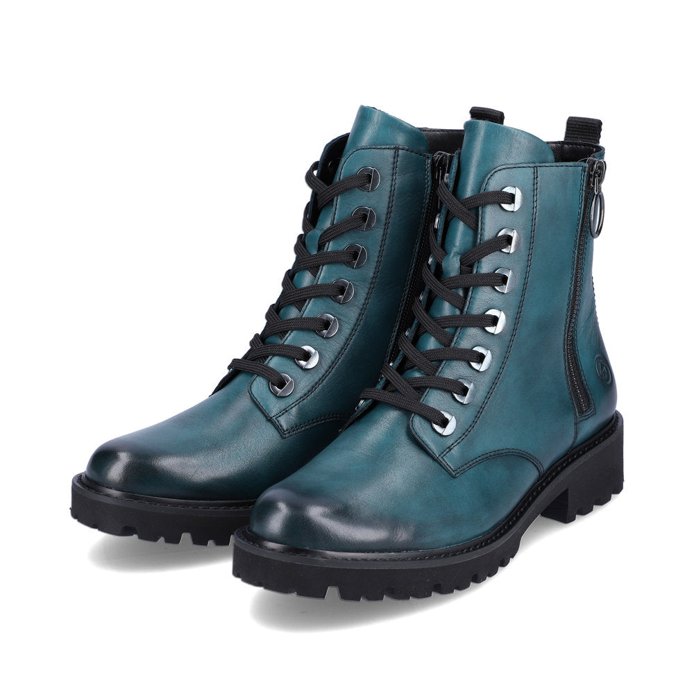 Remonte D8671-12 women's petrol leather zip & lace ankle boots, paired three-quarter view.