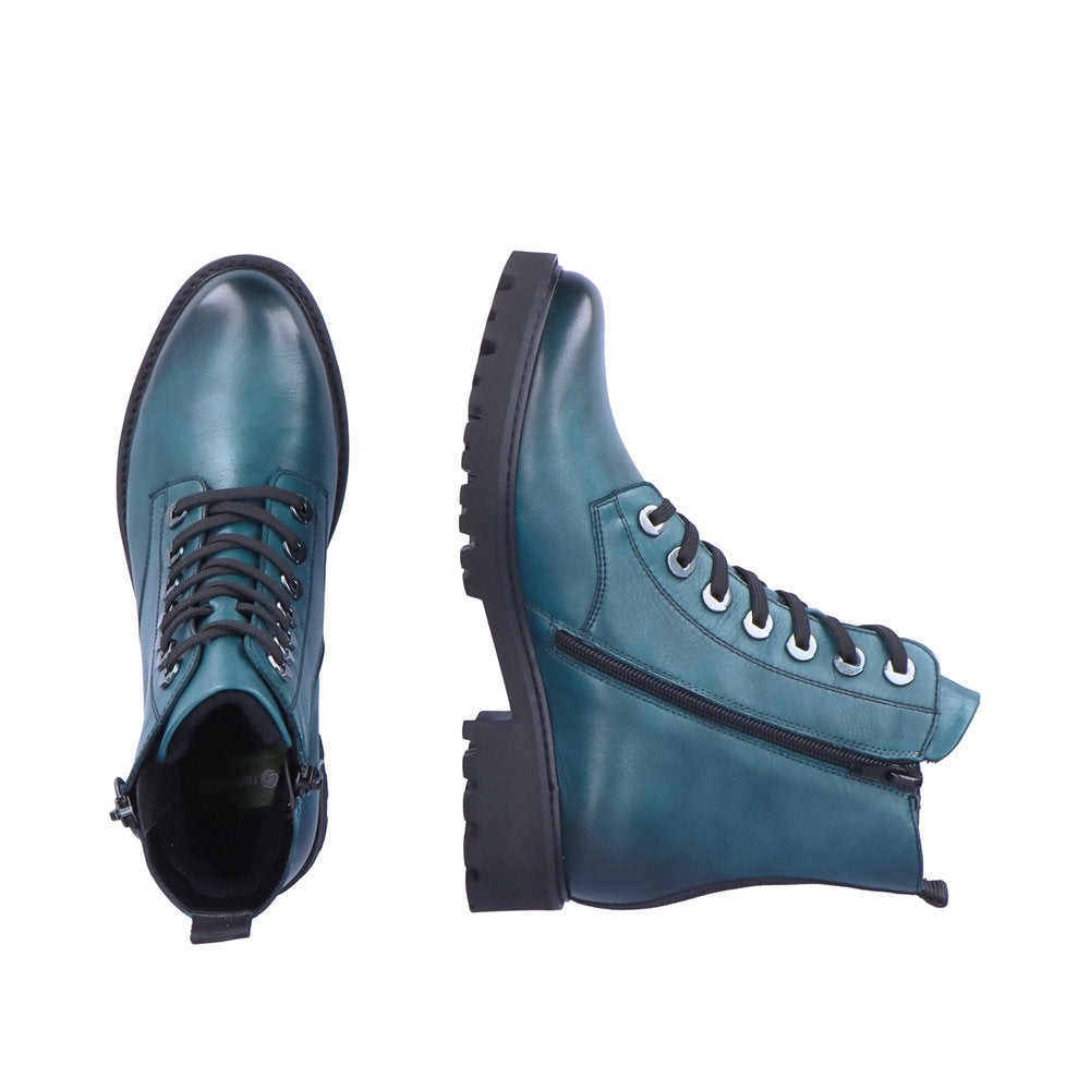 Remonte D8671-12 women's petrol leather zip & lace ankle boots, two-angle product view.