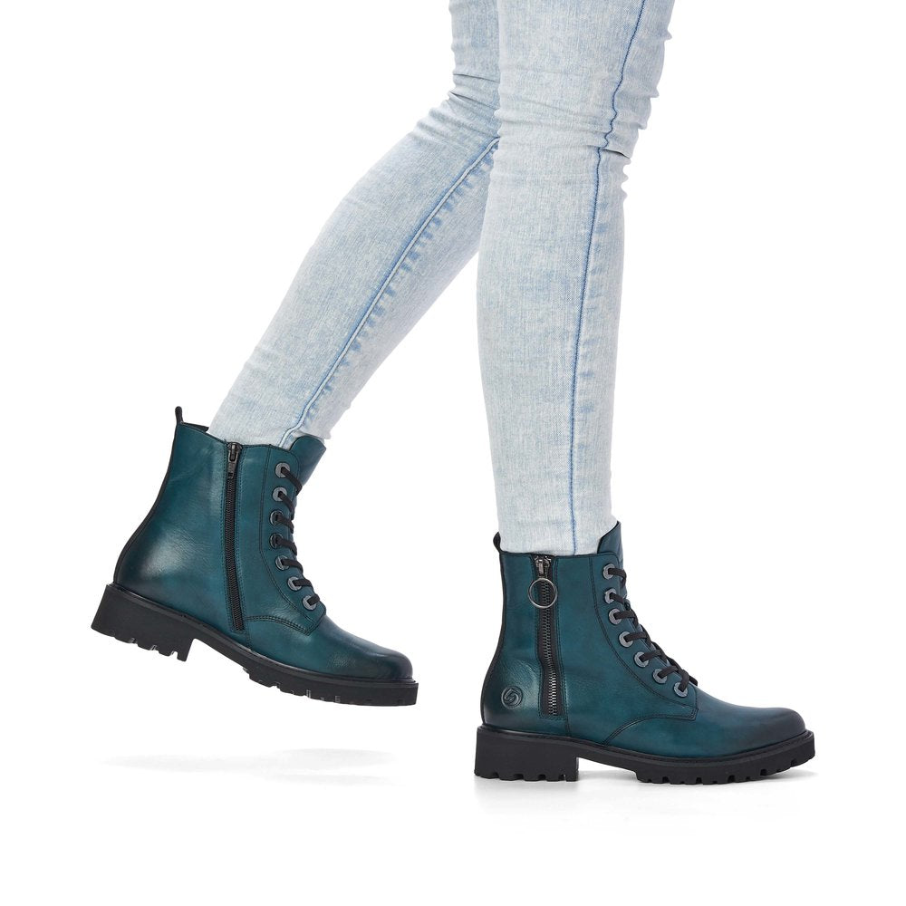 Remonte D8671-12 women's petrol leather zip & lace ankle boots, on-foot lifestyle view.
