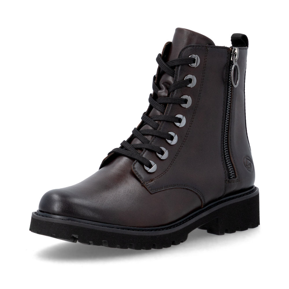 Remonte D8671-25 women's wide brown leather zip & lace ankle boots, front three-quarter view.