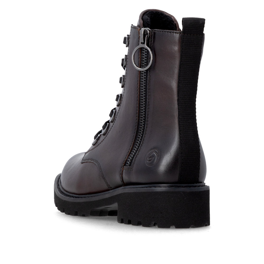 Remonte D8671-25 women's wide brown leather zip & lace ankle boots, rear three-quarter view.