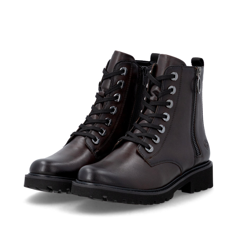 Remonte D8671-25 women's wide brown leather zip & lace ankle boots, paired three-quarter view.