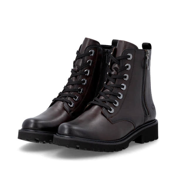Remonte D8671-25 women's wide brown leather zip & lace ankle boots, paired three-quarter view.