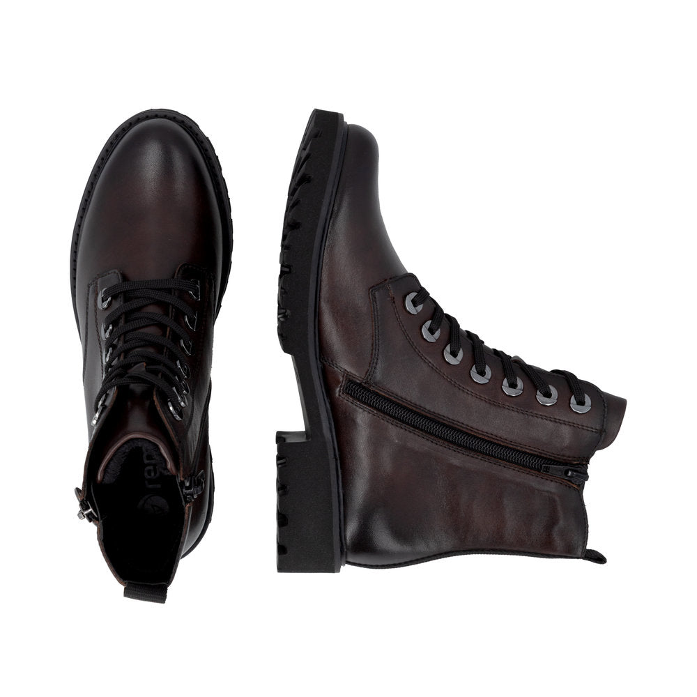 Remonte D8671-25 women's wide brown leather zip & lace ankle boots, two-angle product view.