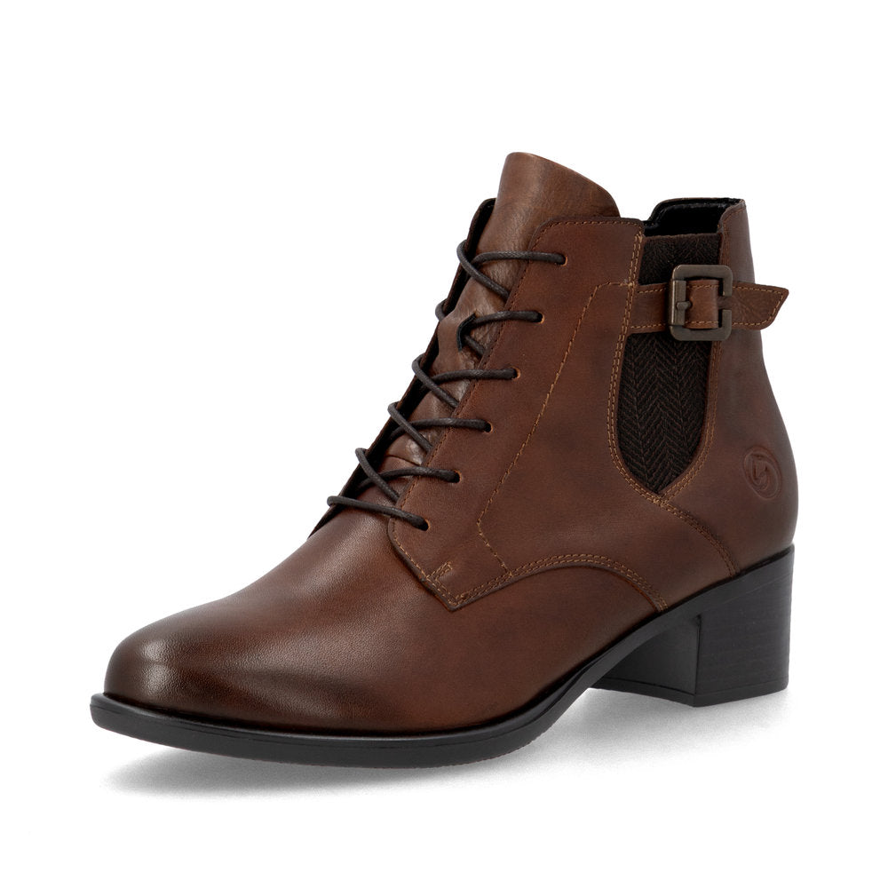 Remonte R5179-23 women's brown leather zip & lace ankle boots, front three-quarter view.