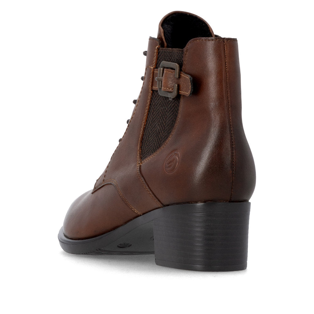 Remonte R5179-23 women's brown leather zip & lace ankle boots, rear three-quarter view.