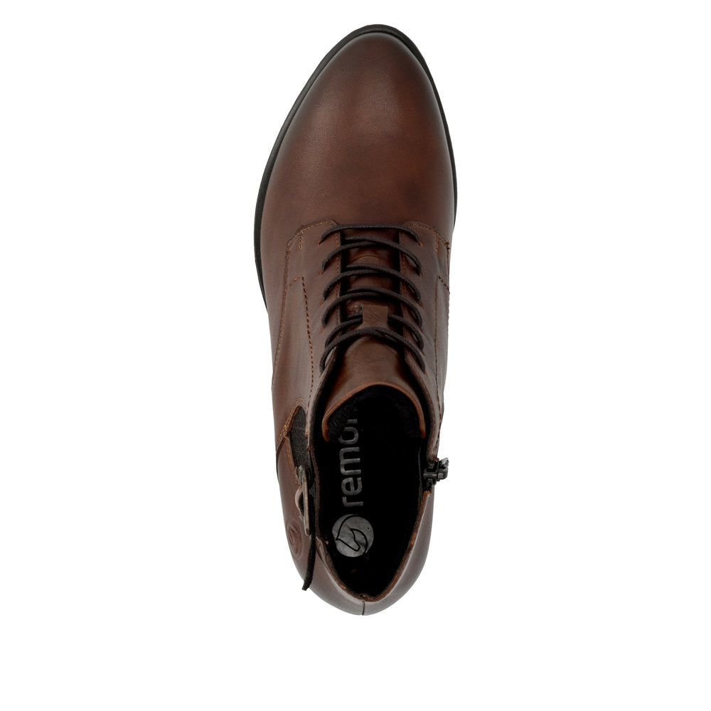 Remonte R5179-23 women's brown leather zip & lace ankle boots, top view.