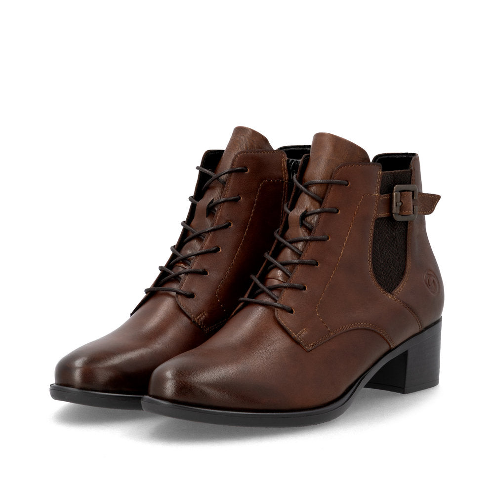 Remonte R5179-23 women's brown leather zip & lace ankle boots, paired three-quarter view.