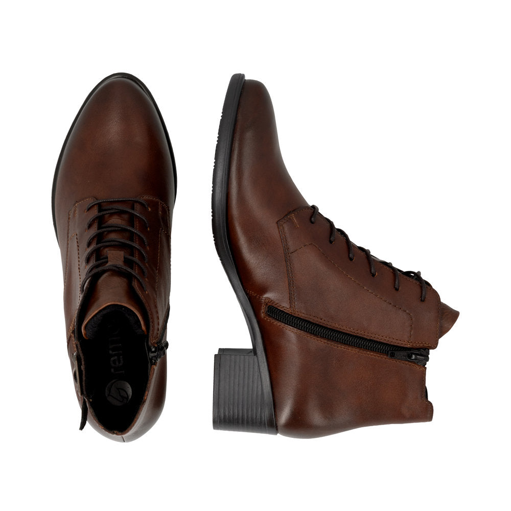 Remonte R5179-23 women's brown leather zip & lace ankle boots, two-angle product view.