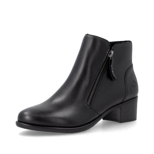 Remonte R5190-00 women's black leather side zip ankle boots, front three-quarter view.