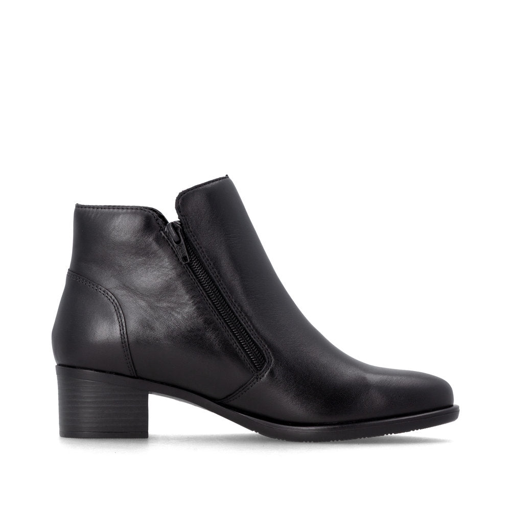 Remonte R5190-00 women's black leather side zip ankle boots, outer side view.