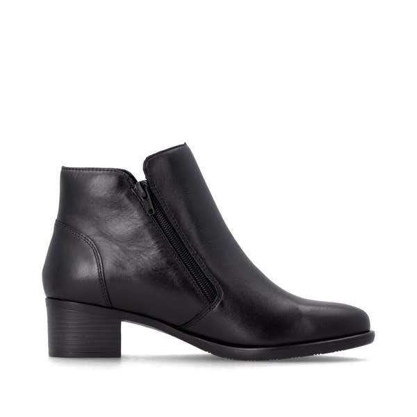 Remonte R5190-00 women's black leather side zip ankle boots, outer side view.