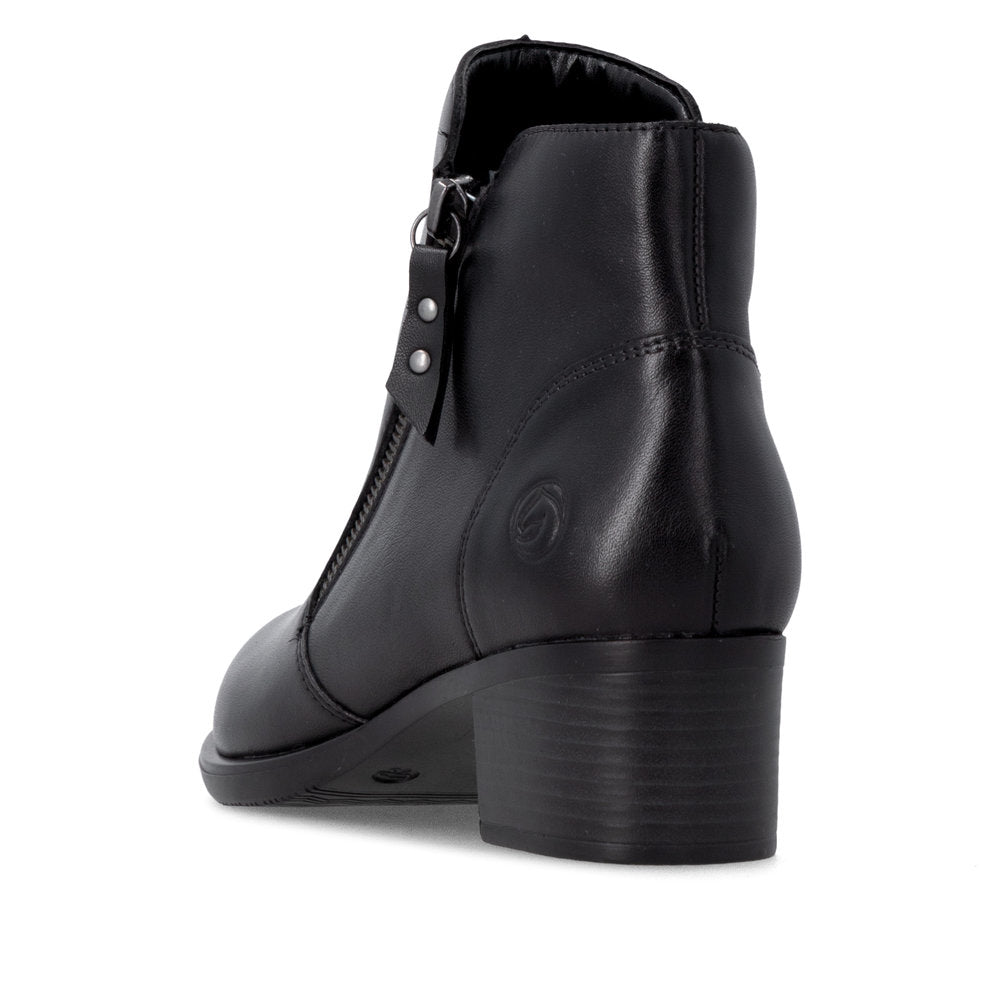Remonte R5190-00 women's black leather side zip ankle boots, rear three-quarter view.