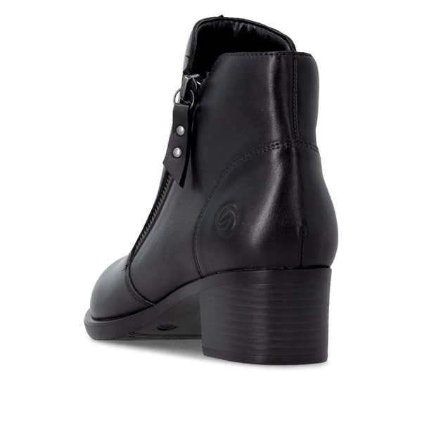 Remonte R5190-00 women's black leather side zip ankle boots, rear three-quarter view.