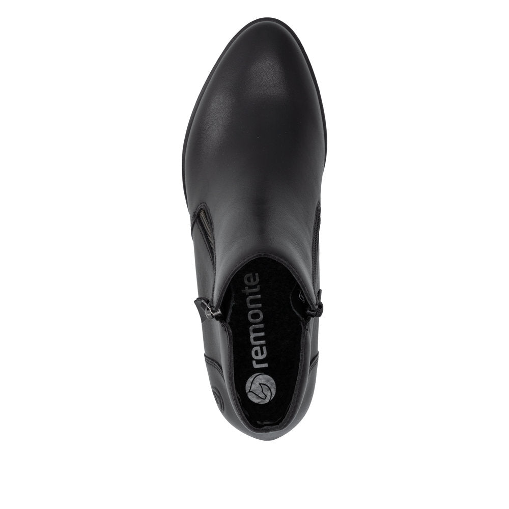 Remonte R5190-00 women's black leather side zip ankle boots, top view.