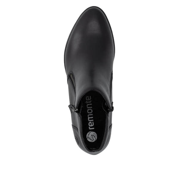 Remonte R5190-00 women's black leather side zip ankle boots, top view.