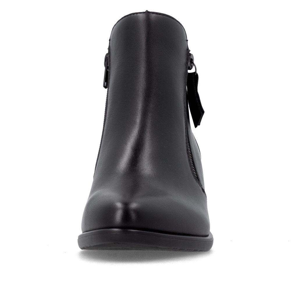 Remonte R5190-00 women's black leather side zip ankle boots, front view.