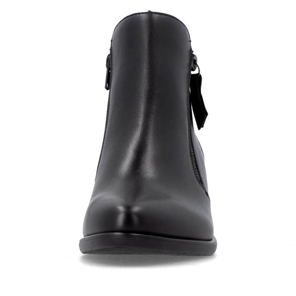 Remonte R5190-00 women's black leather side zip ankle boots, front view.