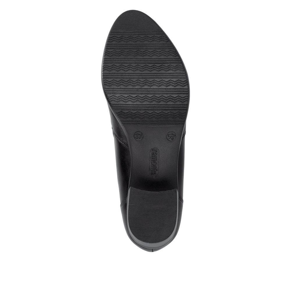 Remonte R5190-00 women's black leather side zip ankle boots, sole and tread view.