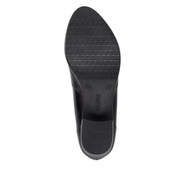 Remonte R5190-00 women's black leather side zip ankle boots, sole and tread view.